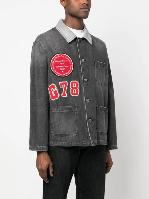patch detail faded denim jacket